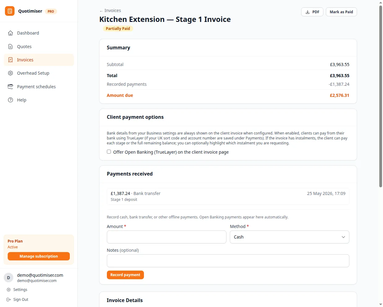 Quotimiser invoice and payments view showing amount due and payment tracking