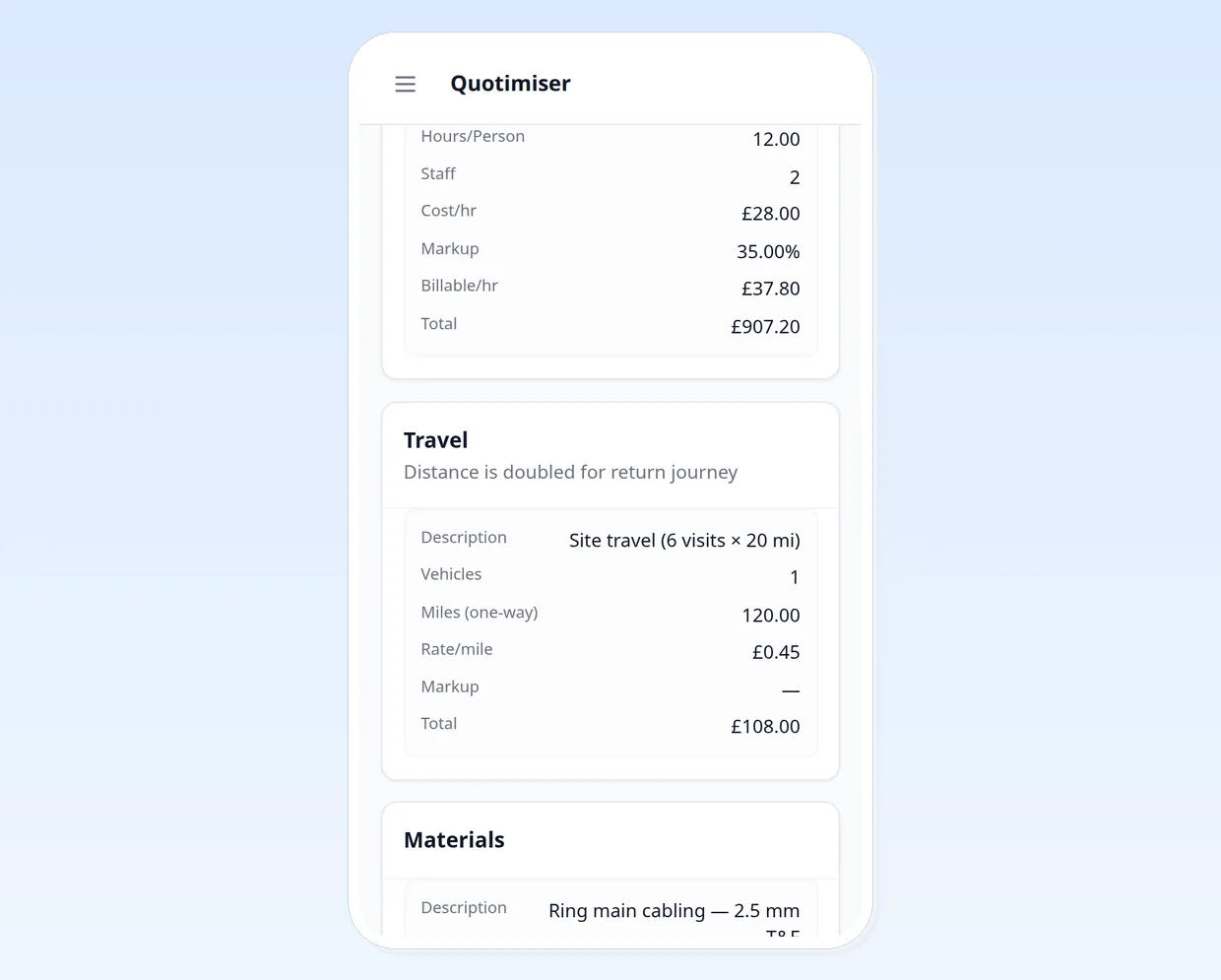 Quotimiser mobile quote view — optimised for on-site use from a phone or tablet