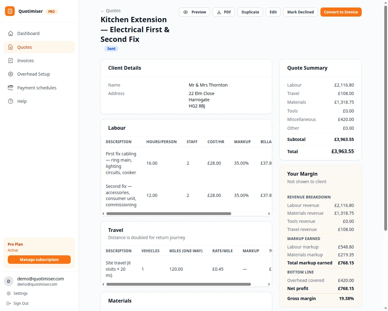 Quotimiser quote breakdown — line-item cost view with labour, materials and totals