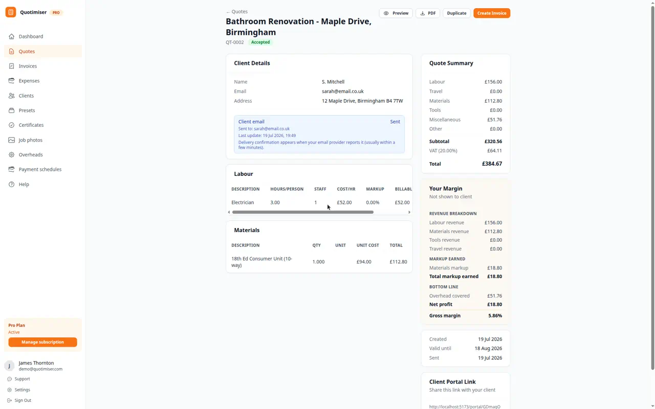Quotimiser client portal showing a rewire quote with line items, total of £2,301.60, and an Accept Quote button