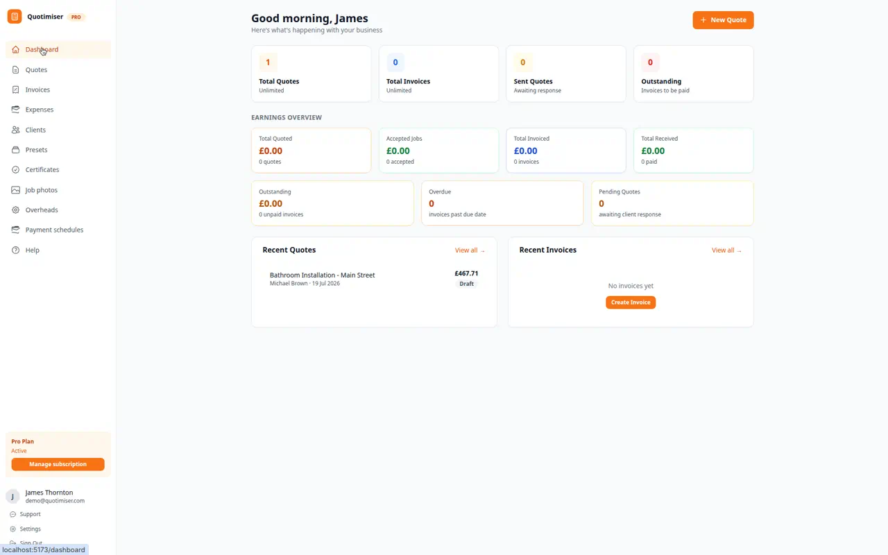 Quotimiser dashboard showing 7 quotes, £6,840 invoiced, £3,210 outstanding and 71% quote conversion rate with recent job list