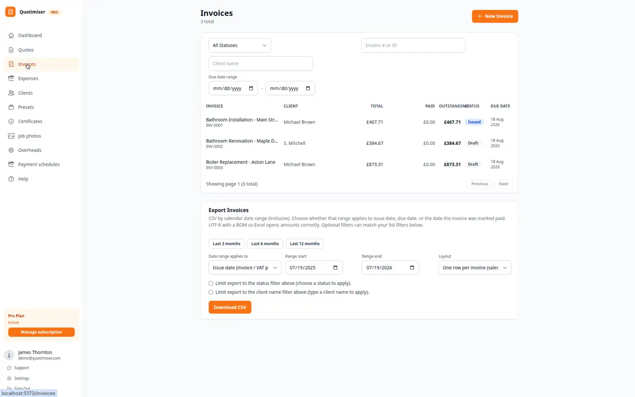 Quotimiser invoice INV-0047 showing line items, VAT breakdown, total due, client portal link, and payment confirmation