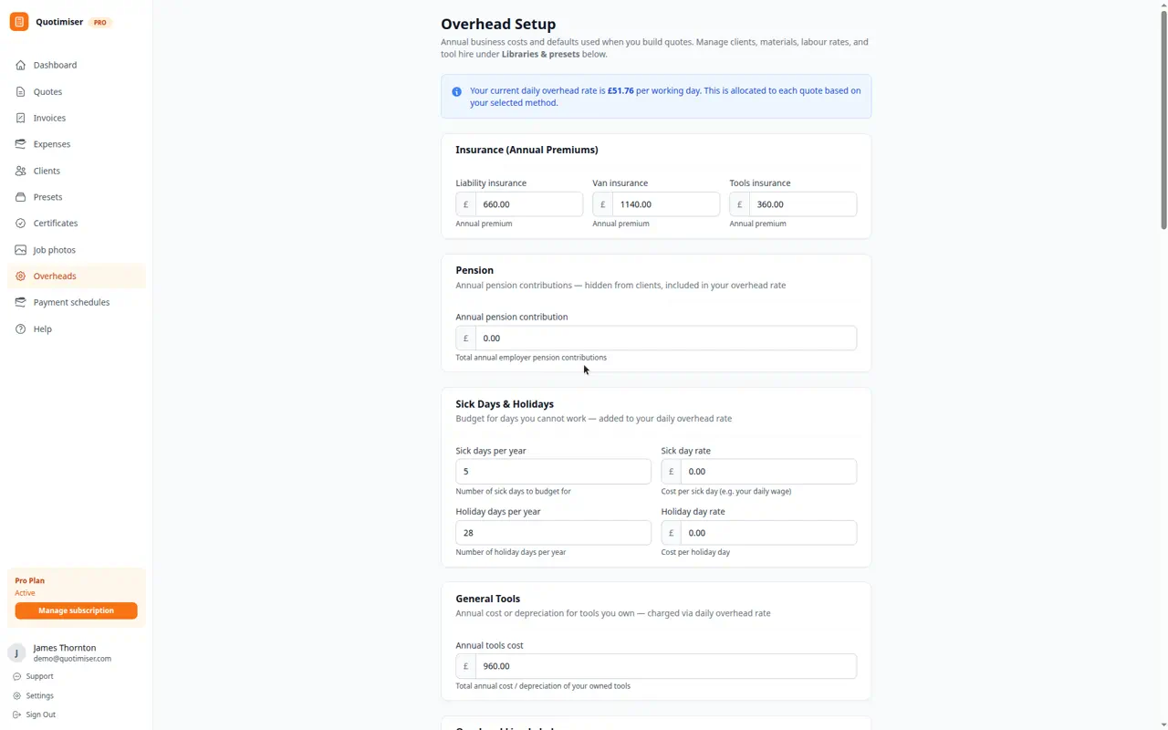 Quotimiser overhead setup showing van, insurance, tools, and software costs totalling £997/month with £8.31 per billable hour