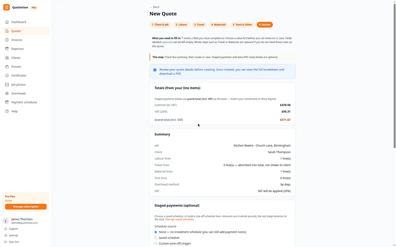 Quotimiser quote builder showing labour lines, materials with markup, overhead recovery, and inc-VAT total for a kitchen rewire job