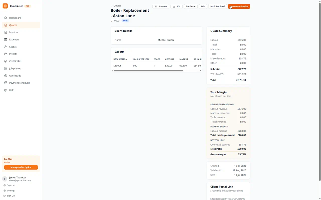 Quotimiser workflow showing an accepted quote converting to a ready-to-send invoice with all line items transferred automatically