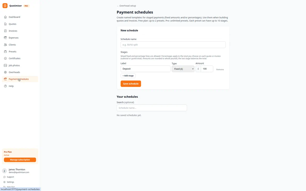 Quotimiser payment schedule showing three stages of £4,800 each for an extension project — Stage 1 paid, Stage 2 invoiced, Stage 3 upcoming